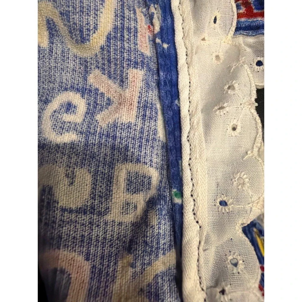 Vtg OshKosh B'gosh Blue Corduroy Alphabet Print Overalls Eyelet Lace 18 Mo USA‎